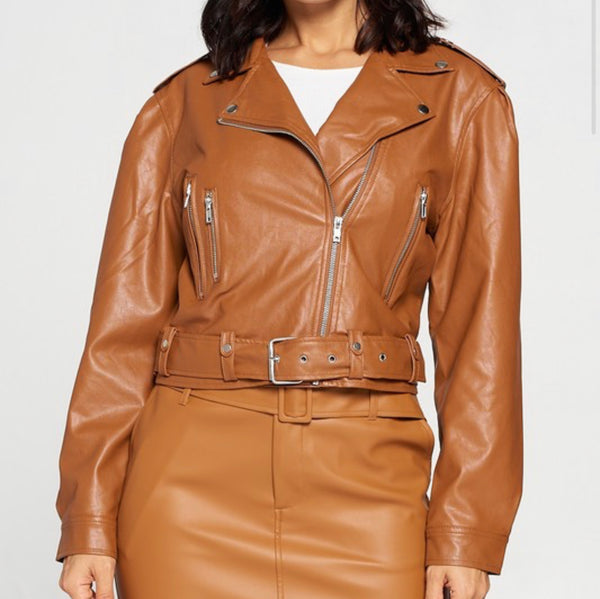 Brown Biker Chick Faux Leather Coat