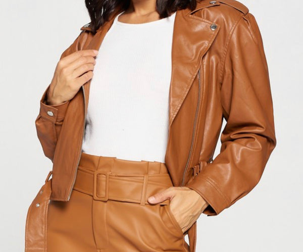 Brown Biker Chick Faux Leather Coat